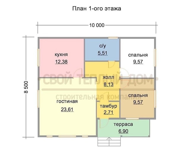 Проект одноэтажного дома: 2 спальни и большая гостиная с эркером